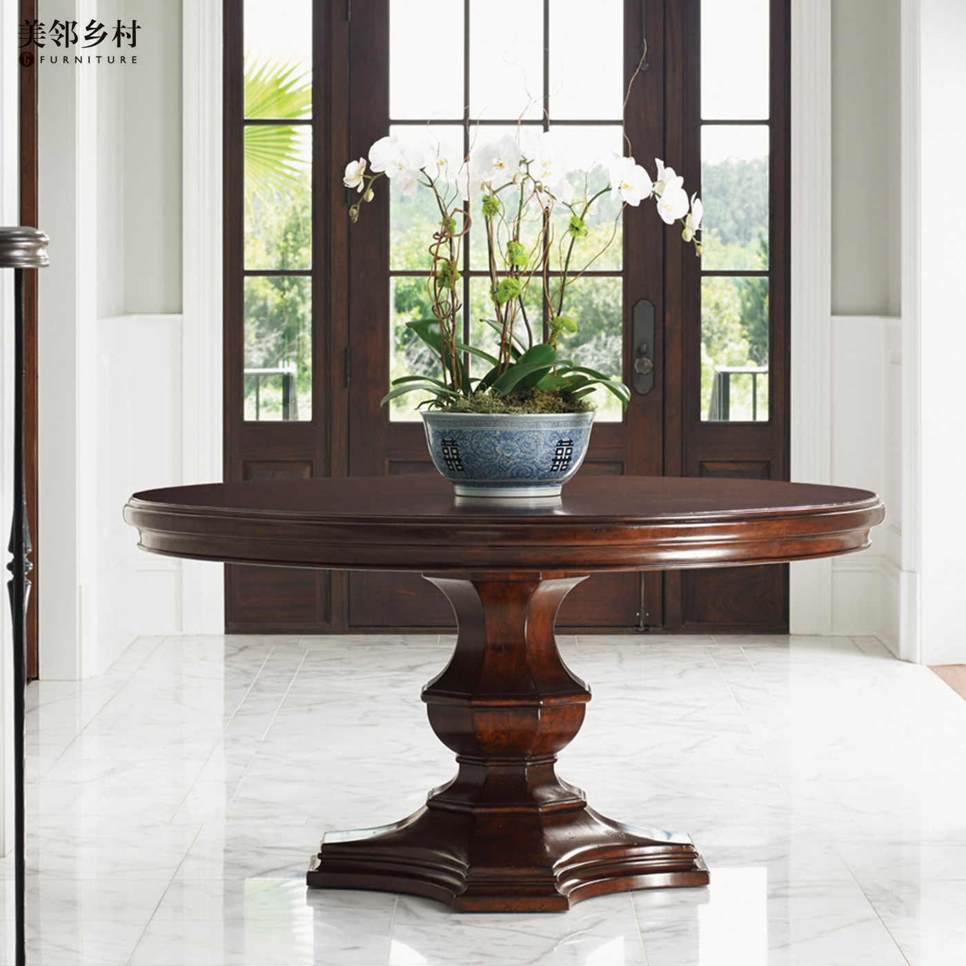 美式复古原木实木餐桌大小户型别墅1.3米1.5米大圆饭桌椭圆桌家用