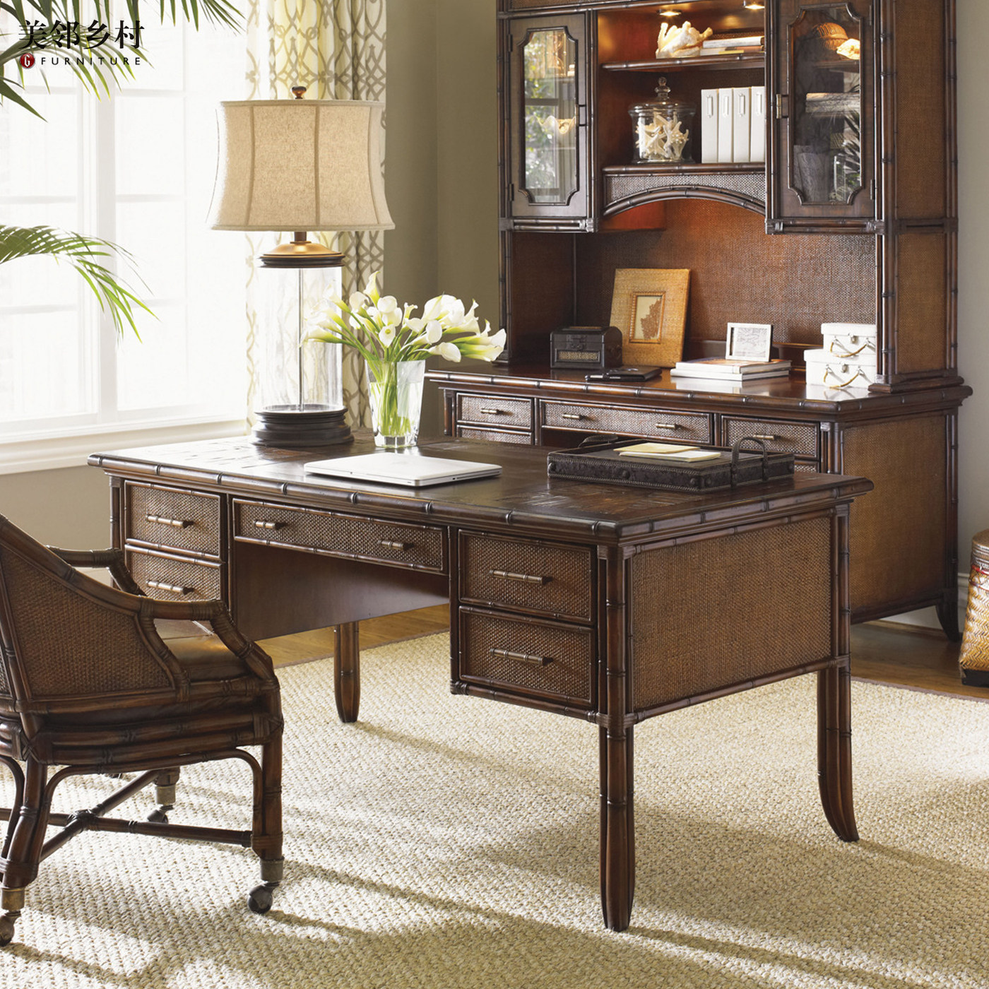 东南亚热带风格竹艺藤编书桌椅组合 艺术创意别墅家用办公桌定制