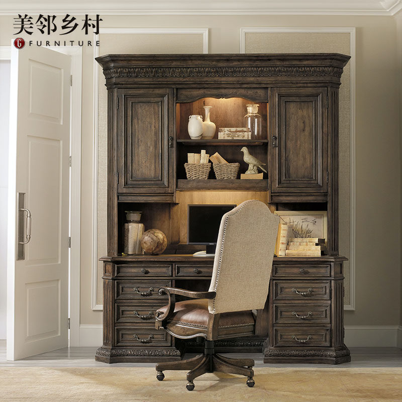 美式古典怀旧全实木连体书柜别墅大户定制书房书橱柜书桌一体定制