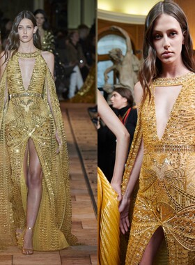 新款高端奢华金色性感露肩开叉名媛生日宴会红毯走秀演出比赛礼服