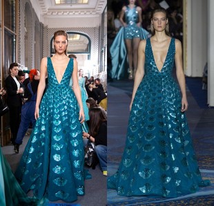 孔雀蓝深V奢华珠绣晚礼服名媛生日宴会红毯T台走秀颁奖典礼礼服