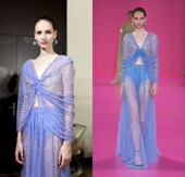 新款 显瘦名媛宴会酒会年会生日派对长礼服裙 蓝色线条钉珠微透修身