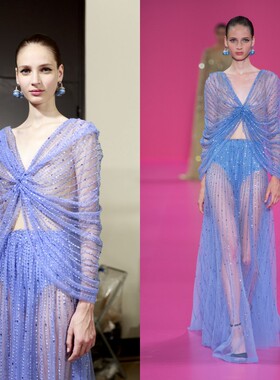 新款蓝色线条钉珠微透修身显瘦名媛宴会酒会年会生日派对长礼服裙