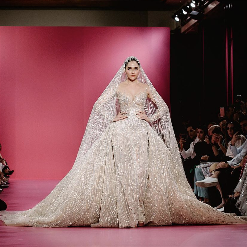 GeorgesHobeika新款奢华长袖重磅钉珠拖尾长头纱新娘主婚纱定制