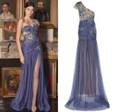 Marchesa新款 开叉宴会年会酒会生日新娘敬酒服 雾面蓝单肩优雅时尚