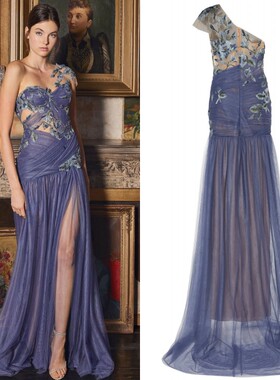 Marchesa新款雾面蓝单肩优雅时尚开叉宴会年会酒会生日新娘敬酒服