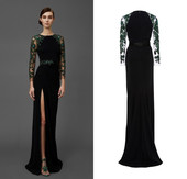 黑色软缎墨绿钉珠长袖 开叉显瘦宴会酒会年会生日派对长礼服 修身