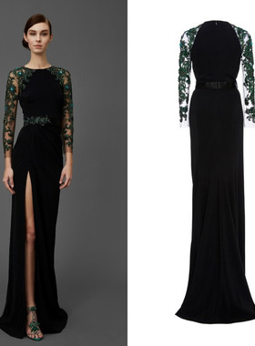 黑色软缎墨绿钉珠长袖修身开叉显瘦宴会酒会年会生日派对长礼服