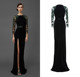 黑色软缎墨绿钉珠长袖 开叉显瘦宴会酒会年会生日派对长礼服 修身
