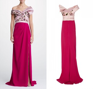 2020新款 玫红色缎面一字肩侧开叉钉珠新娘敬酒服年会酒会生日礼服