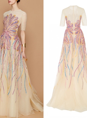 新款时尚新娘浅香槟色敬酒服精致彩色钉珠演出独奏演唱晚礼服定制