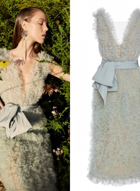 Marchesa新款洋气灰蓝色修身小鱼尾年会酒会生日派对中长款小礼服