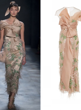 Marchesa新款香槟色缎面刺绣钉珠鸵鸟毛中长款生日派对新娘敬酒服