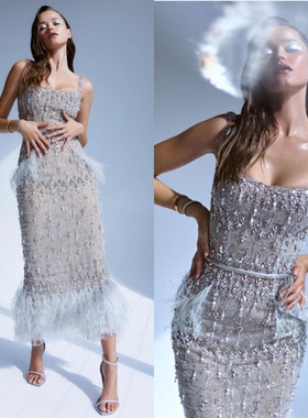 新款银灰色吊带修身钉珠鸵鸟毛宴会酒会生日派对晚礼服新娘敬酒服
