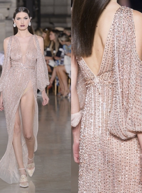 奢华露肩长袖修身肉粉色新娘敬酒服生日会年会酒会舞会晚礼服定制