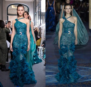 墨绿色单肩修身 T台走秀演出颁奖生日宴会晚礼服新娘礼服 鱼尾时尚