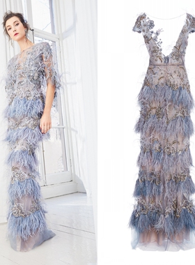 Marchesa新款时尚蓝紫色奢华钉珠羽毛主持演出颁奖典礼新娘敬酒服