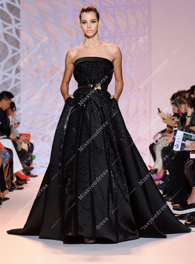 新款黑色抹胸缎面精致珠绣气质晚礼服主持走秀演出红毯礼服定制