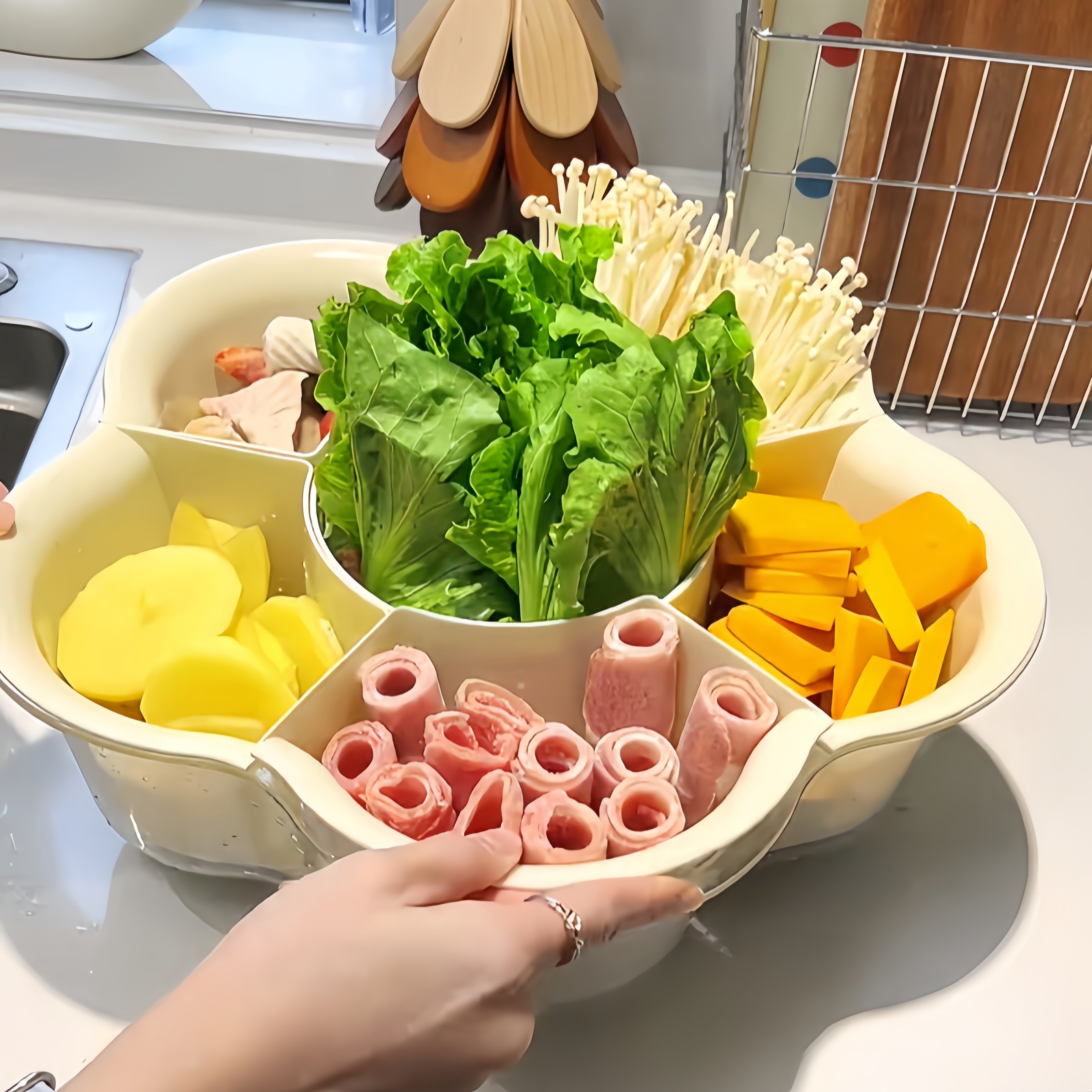 【厨房好物】可旋转沥水盘奶油色火锅拼盘创意家用多功能洗菜盆,厨房/烹饪用具,配菜/备菜盘,淘宝优惠券,粉丝福利购,淘宝优惠卷