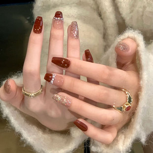 【红颜知己】氛围感显白酒红爆闪亮片新娘甲成品贴片纯手工穿戴甲