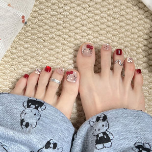 夏日显白红色蝴蝶结复古波点可爱少女Kitty猫脚指甲贴手工穿戴甲