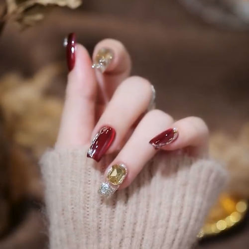 复古红香槟钻新娘甲纯手工穿戴甲