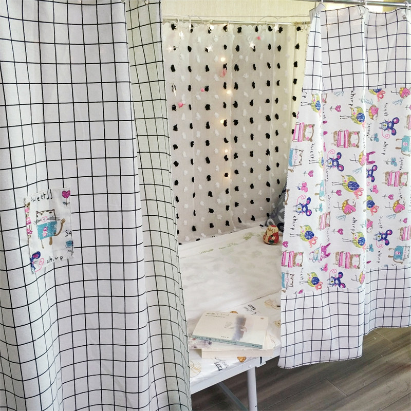 学生宿舍蚊帐寝室床帘半遮光 透气白格子棉麻布帘单人上下铺0.9m