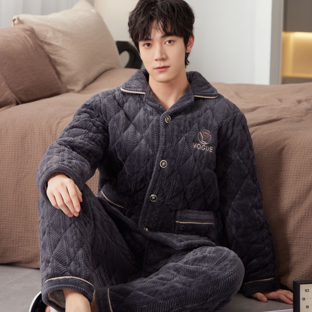 男士睡衣男冬季加厚加绒珊瑚绒可外穿冬天保暖法兰绒加大青年套装