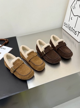 诗米高2025新款真皮女鞋时尚圆头平底舒适加绒保暖棉鞋毛毛鞋7727