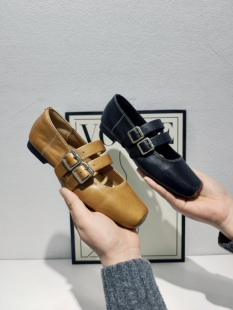 553 126 时尚 诗米高2026头层牛皮方头浅口双皮带金属扣低帮小皮鞋