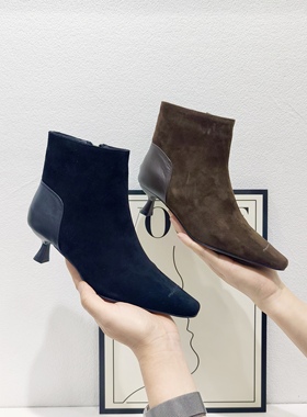 诗米高2025款时尚气质真皮拼接方头细跟侧拉链时装靴裸靴 18-2513