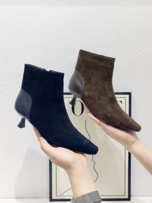 欧货2025款时尚气质真皮拼接方头细跟侧拉链时装靴裸靴 18-2513