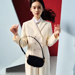 南油高定2025春季金智秀同款丝毛西装挺阔长袖口袋双排扣外套女