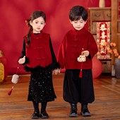 新年喜庆拜年衣服 旦演出服男女童中国风新中式 儿童唐装 红色加绒元