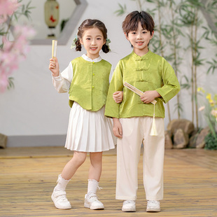 幼儿园春夏表演服国风新中式套装学生班服诗歌朗诵上春山演出服装