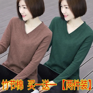 单件/两件 春秋季V领上衣女中年妈妈装长袖t恤女大码竹节棉打底衫