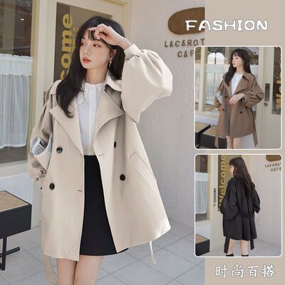 韩版双排扣收腰风衣女中长款
