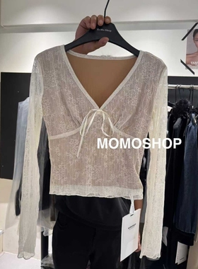 momo打底衫2026春季新款V领蕾丝长袖T恤纯欲修身显瘦性感磨毛上衣