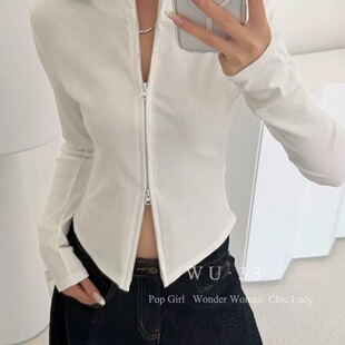 wu33春款2026新款设计感拉链修身显瘦纯色简约长袖内搭T恤上衣女