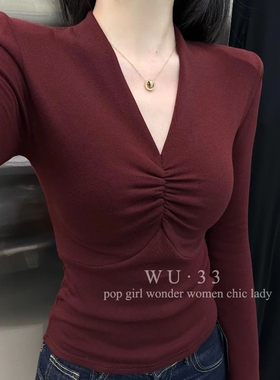 wu33打底衫2025秋冬新款韩版v领收褶羊绒加绒T恤气质显瘦辣妹上衣