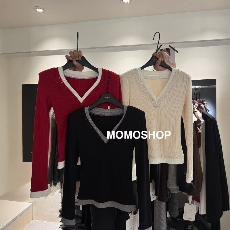 momo冬新V领羊绒打底T恤显瘦