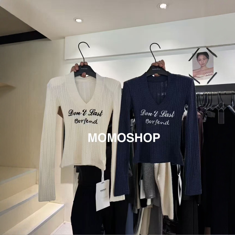 韩版v领刺绣设计感针织T恤