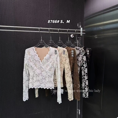 wu33韩版v领交叉设计蕾丝T恤