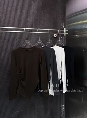 wu33打底衫2025秋冬新款韩版圆领不规则设计磨毛T恤修身显瘦上衣