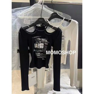 性感辣妹风印花露肩修身 MOMO韩版 2026年春季 新款 T恤女潮 显瘦长袖