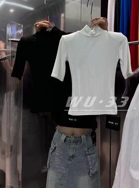 2026春新款韩版wu33打底衫小高领垫肩设计感中袖T恤修身显瘦上衣