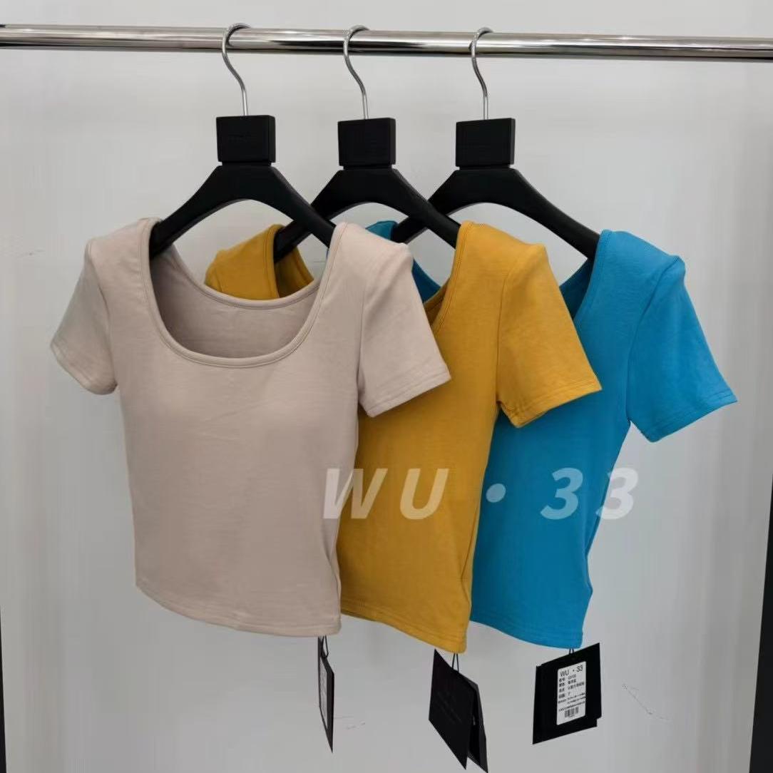 2025春新款韩版wu33打底衫方领设计感带胸垫短袖T恤修身显瘦上衣