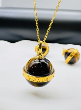 18k金吊坠虎眼石天然圆球Au750金扣头情侣款项链