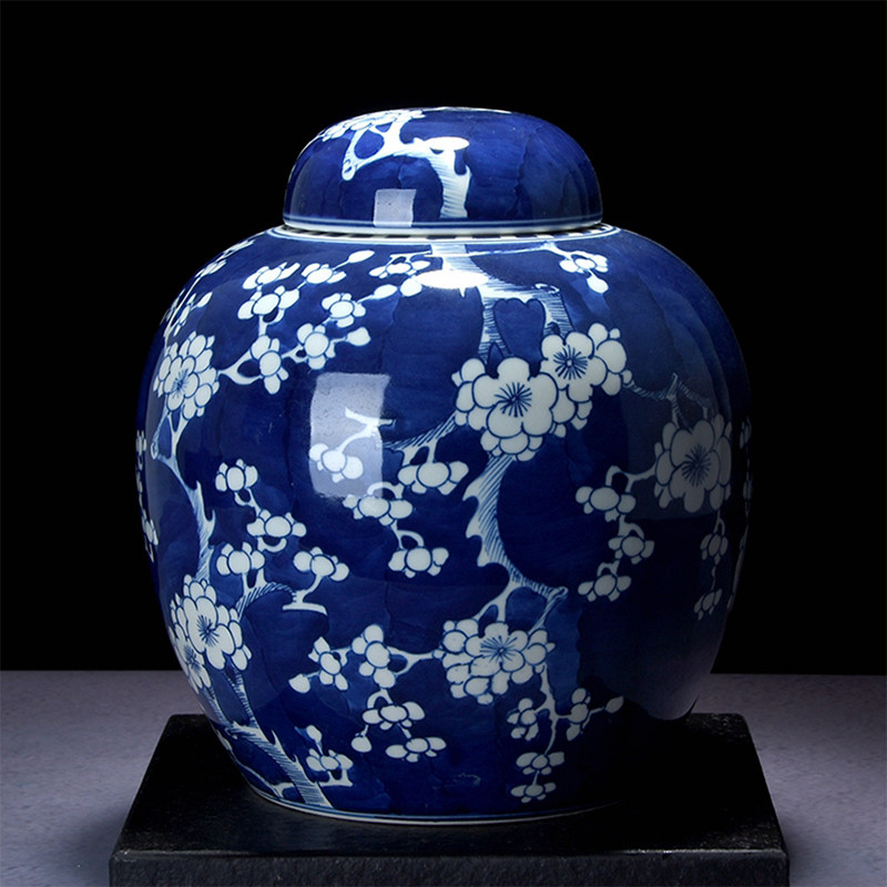 景德镇七八十年代建国瓷厂手绘青花冰梅宝珠坛茶叶罐居家摆件装饰