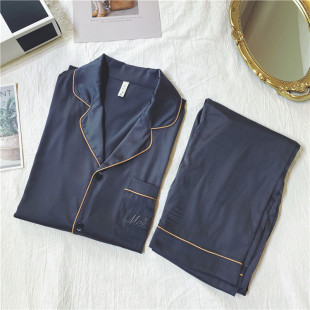 长裤 Melody高级灰刺绣男士 长袖 家居服套装 冰丝睡衣 高端丝绸秋季